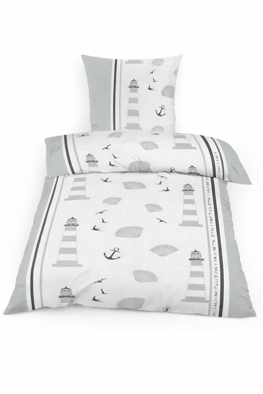 2-tlg. Seersucker Bettwäsche, 135x200 +80x80cm, bügelfrei, Maritim, Leuchtturm, weiss, beige