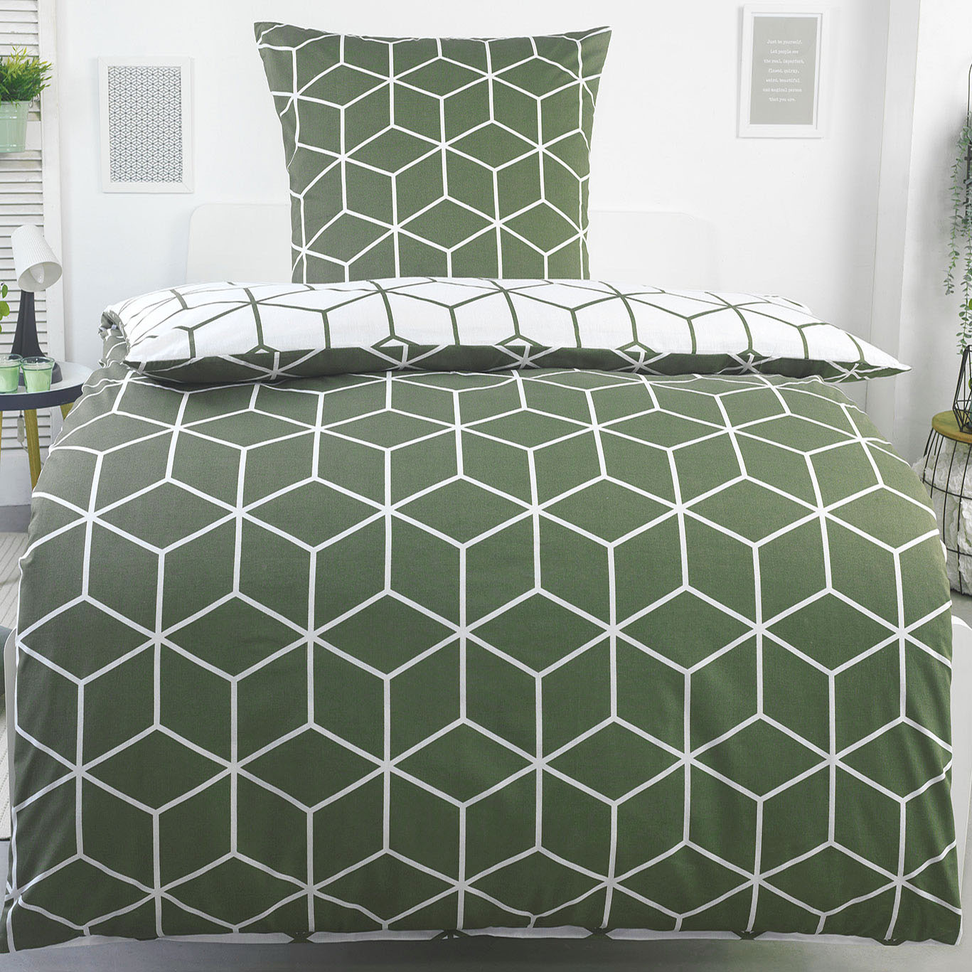 4-tlg. Wende Bettwäsche 2x(135x200 +80x80cm), Renforce, 100% Baumwolle