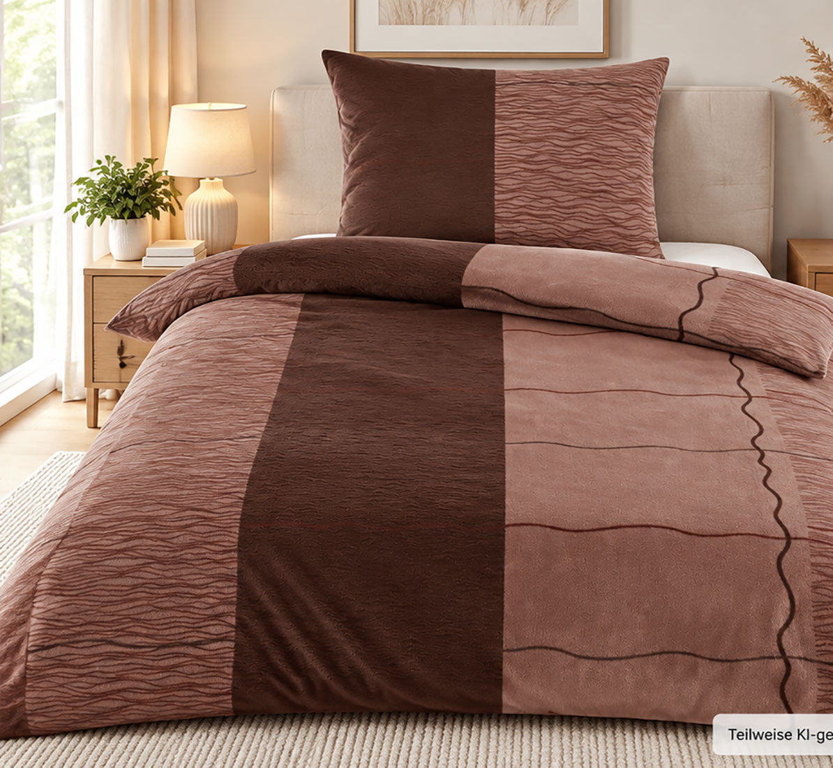 Fleece Winter Bettwäsche, 135x200 +80x80cm, brauntöne, Streifen/Karo