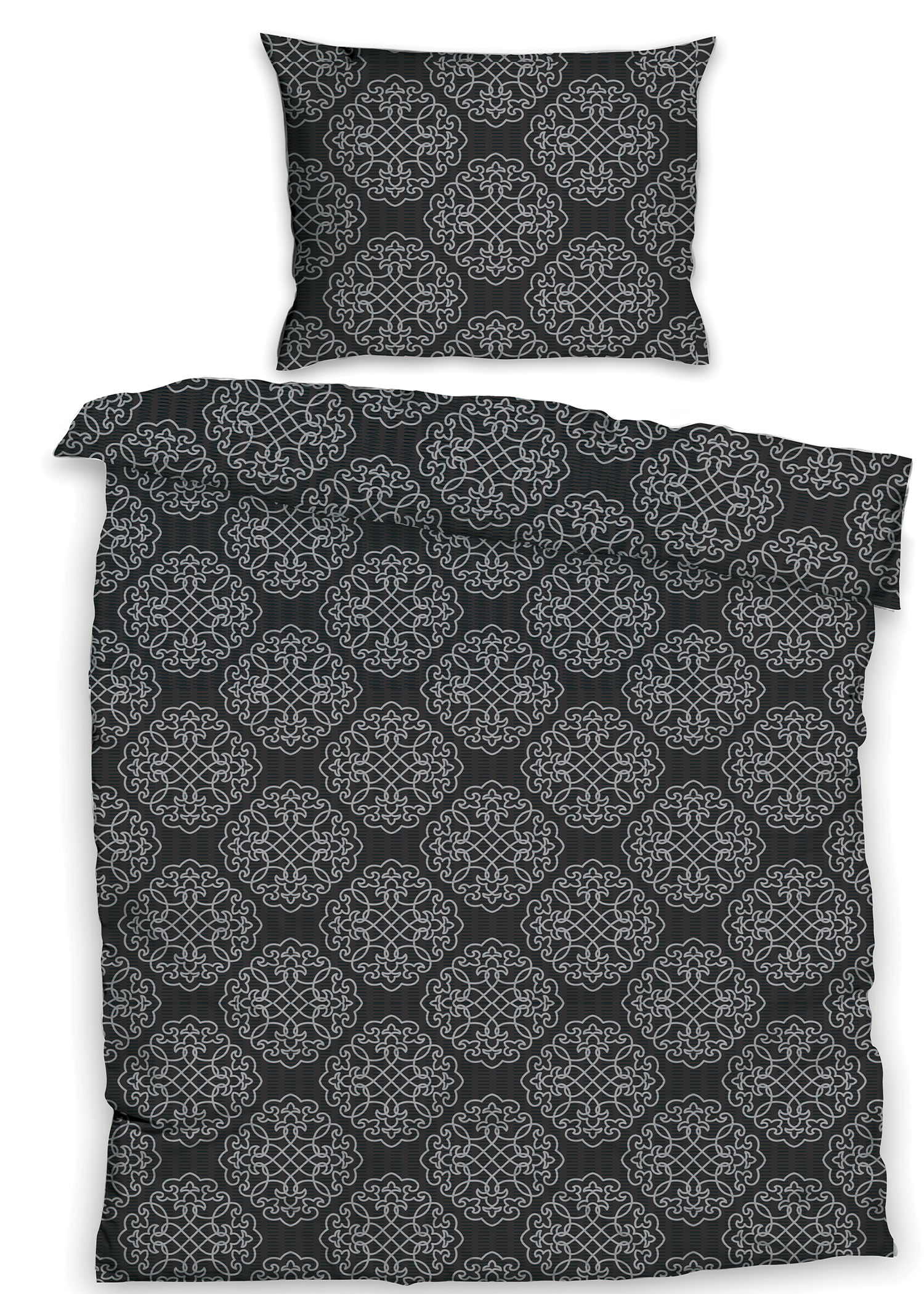2-tlg. Seersucker Bettwäsche, 135x200 +80x80cm, schwarz/silbergrau, Ornamente, bügelfrei
