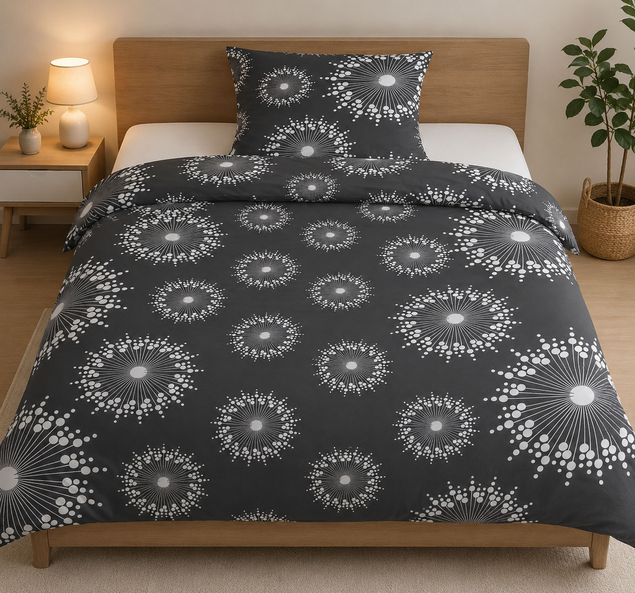 4-tlg. Bettwäsche 2x (135x200 +80x80cm), schwarz weiß, Kreise, Reißverschluss