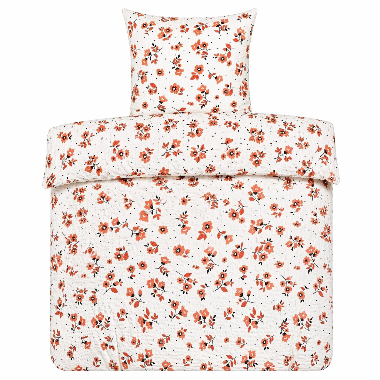 2-tlg. Seersucker Bettwäsche, 135x200 +80x80cm, bügelfrei, weiss mit Blumen in orange, 100% Baumwolle