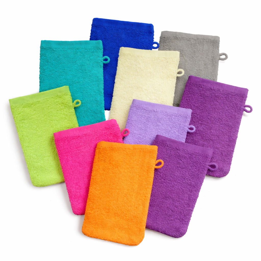 Waschhandschuh Frottier, 10 Stück sortiert, ca. 16x21cm, 100% Baumwolle, uni, einfarbig, Walk Frottee, Waschlappen