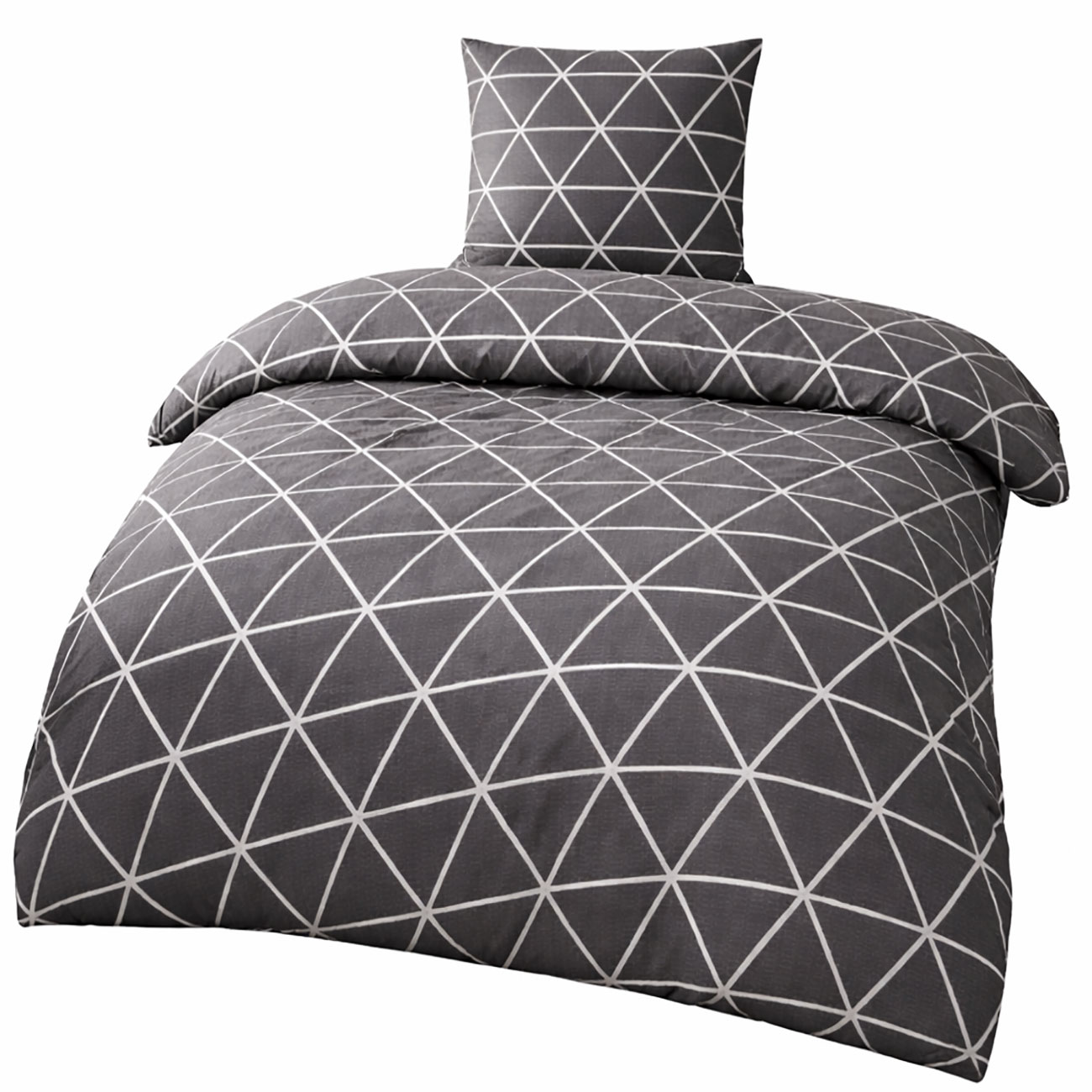 2-tlg. Seersucker Bettwäsche, 135x200 +80x80cm, bügelfrei, grau weiß, Dreiecke