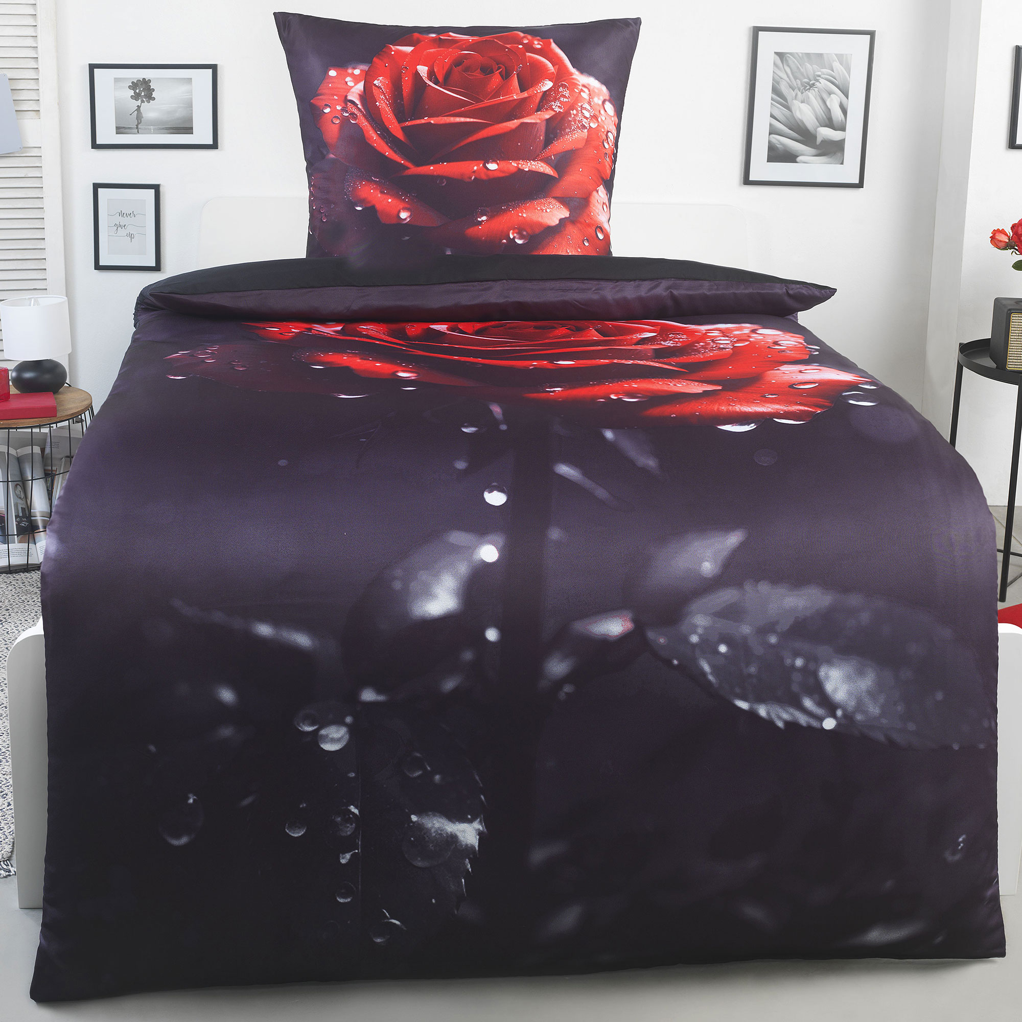 4-tlg. Motiv Wende Bettwäsche, 2x(135x200 +80x80cm), Fotodruck, Rosen Motiv