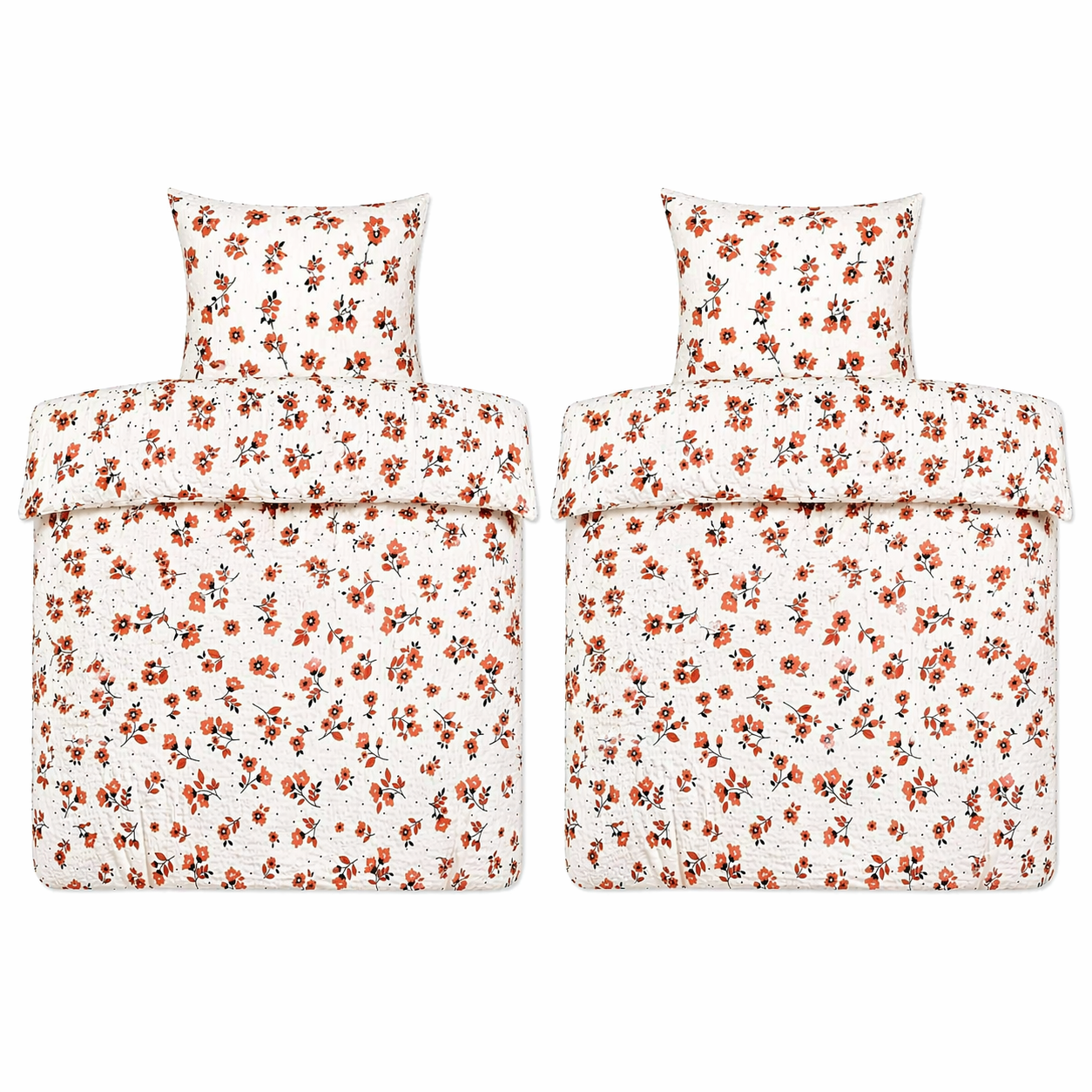 4-tlg. Seersucker Bettwäsche, 2x(135x200 +80x80cm), bügelfrei, weiss mit Blumen in orange, 100% Baumwolle
