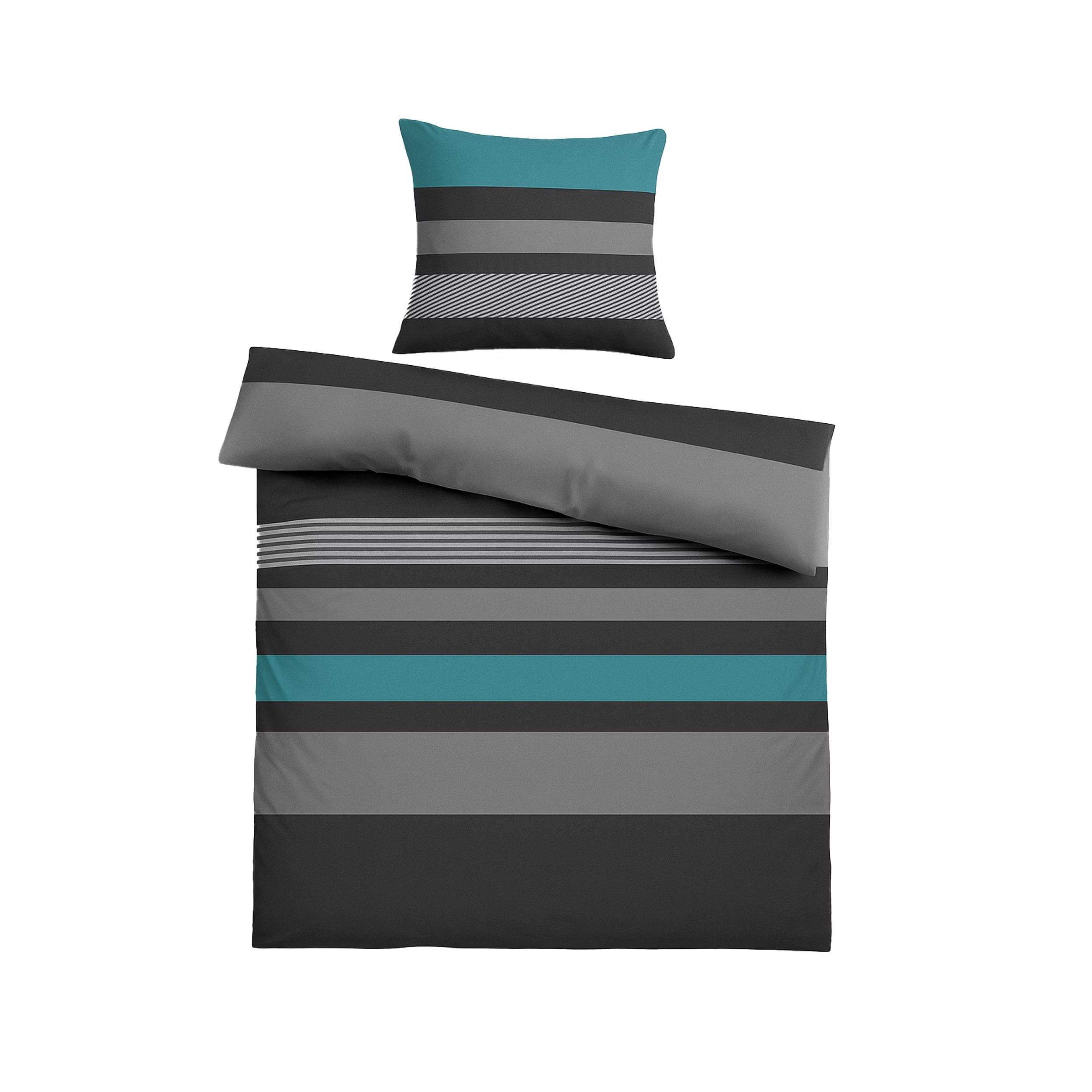 4-tlg. Biber Winter Bettwäsche 2x(135x200 + 80x80cm),schwarz grau mit Streifen, 100% Baumwolle.Bettbezuggröße:135 cm * 200 cm,Farbe:Türkis