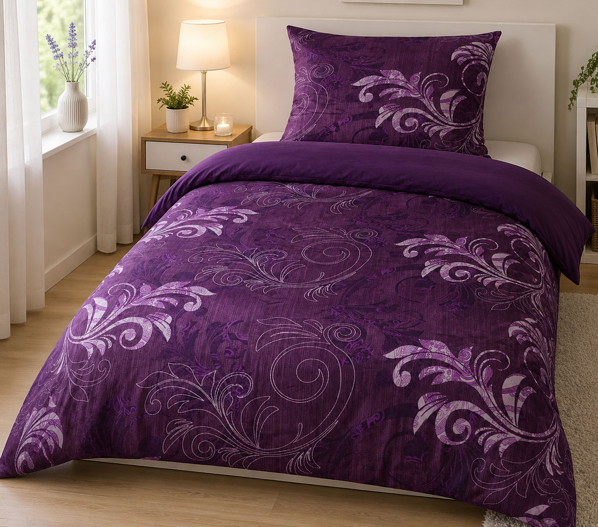 2-tlg. Winter Wende Bettwäsche Cashmere Touch, 135x200+80x80cm, lila, Paisley Muster, Fleece, Plüsch Teddy Flausch