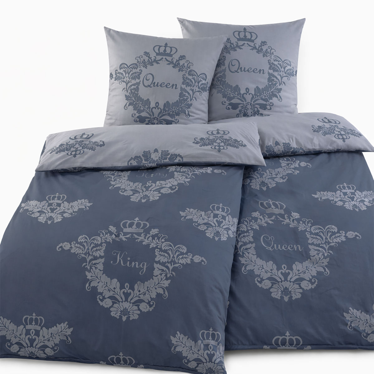 4-tlg. Wende Bettwäsche 2x(135x200 +80x80cm), King + Queen, 100% Baumwolle