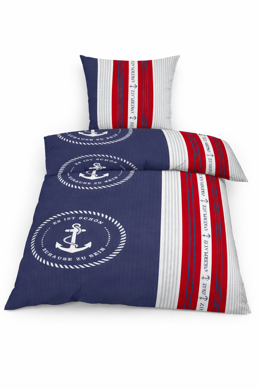 2-tlg. Seersucker Bettwäsche, 135x200 +80x80cm, bügelfrei, Maritim, Anker, blau rot weis