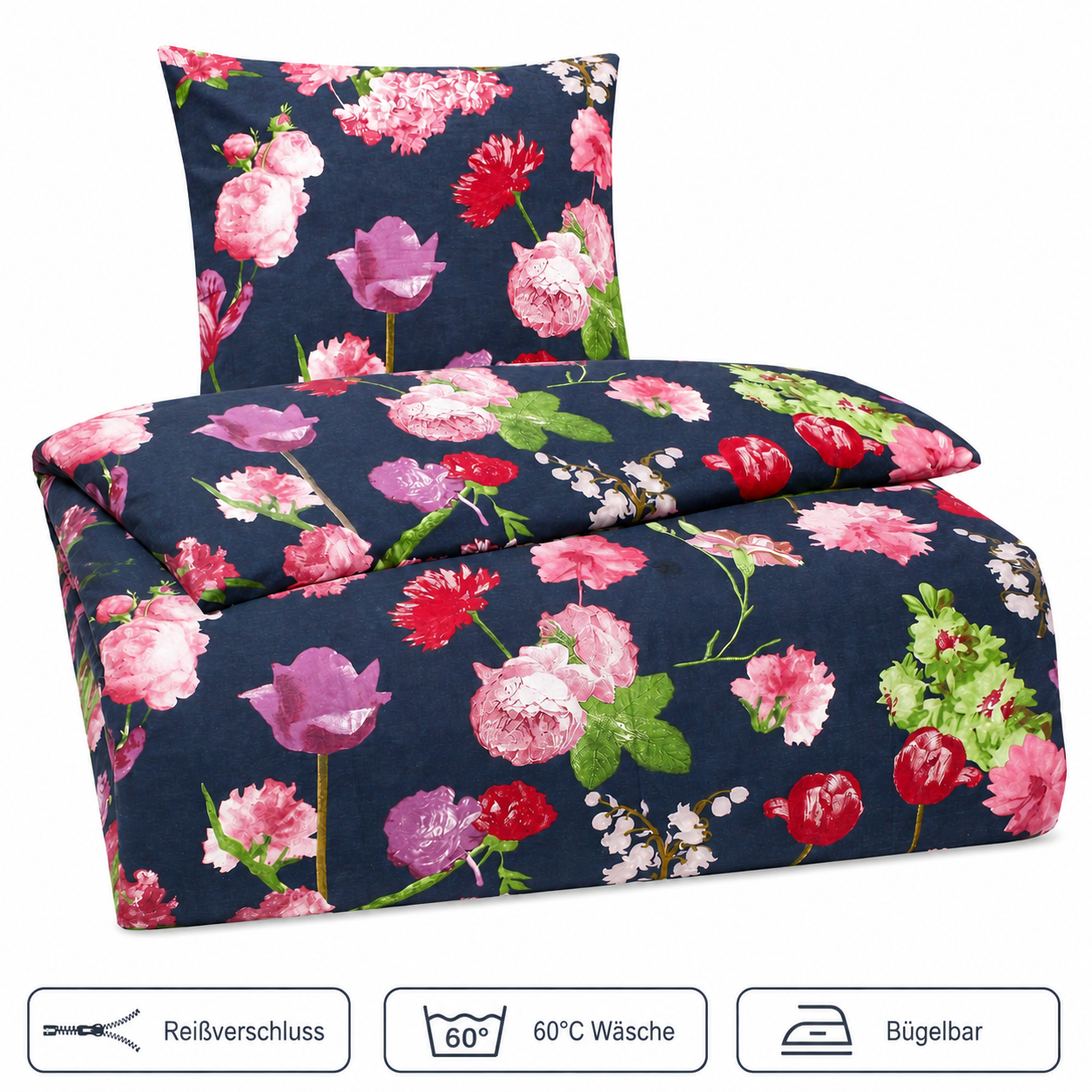 Biber Winter Bettwäsche 135x200+ 80x80cm, blau Blumen bunt, 100% Baumwolle