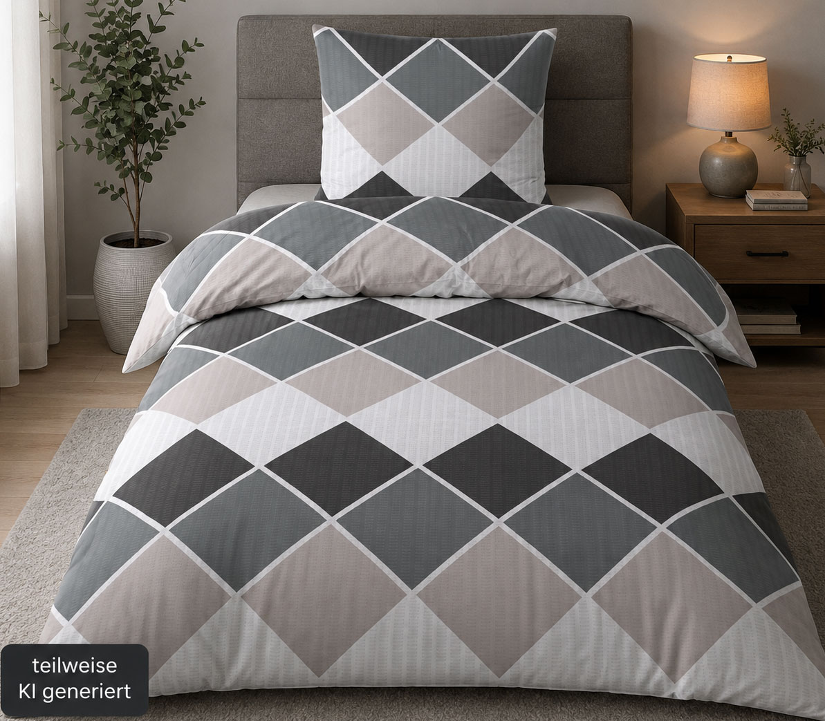 Seersucker Bettwäsche, 135x200 +80x80cm, grau beige Karo, bügelfrei