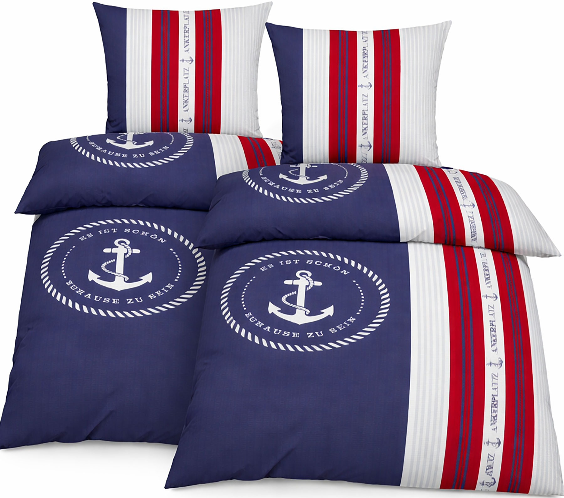 4-tlg. Seersucker Bettwäsche, 2x(135x200 +80x80cm), bügelfrei, Maritim, Anker, blau rot weis
