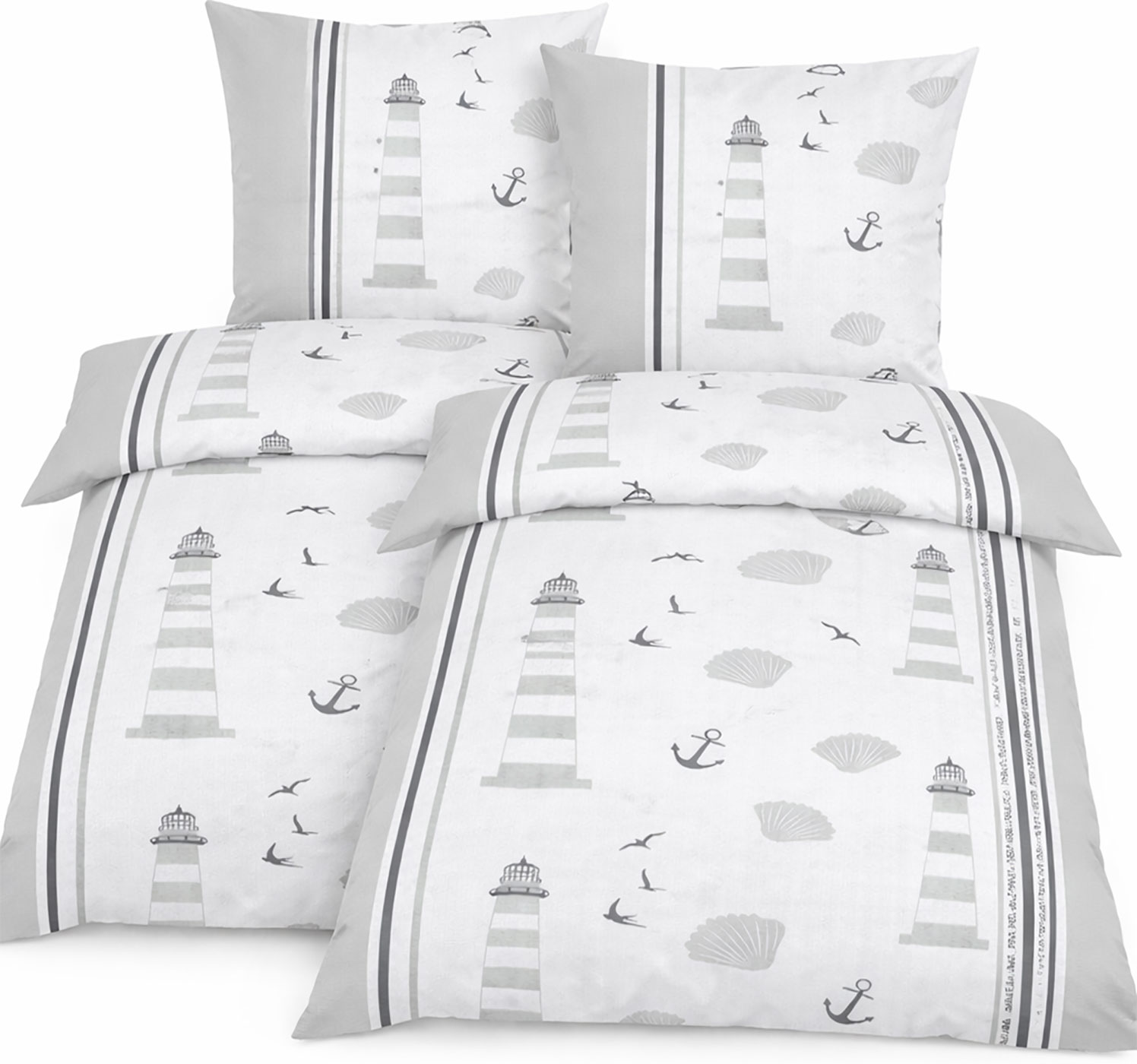 4-tlg. Seersucker Bettwäsche, 2x(135x200 +80x80cm), bügelfrei, Maritim, Leuchttrum, weiss, beige