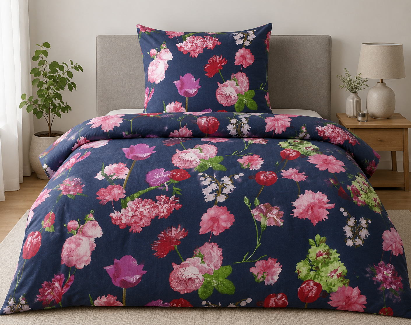 Biber Winter Bettwäsche 135x200+ 80x80cm, blau Blumen bunt, 100% Baumwolle