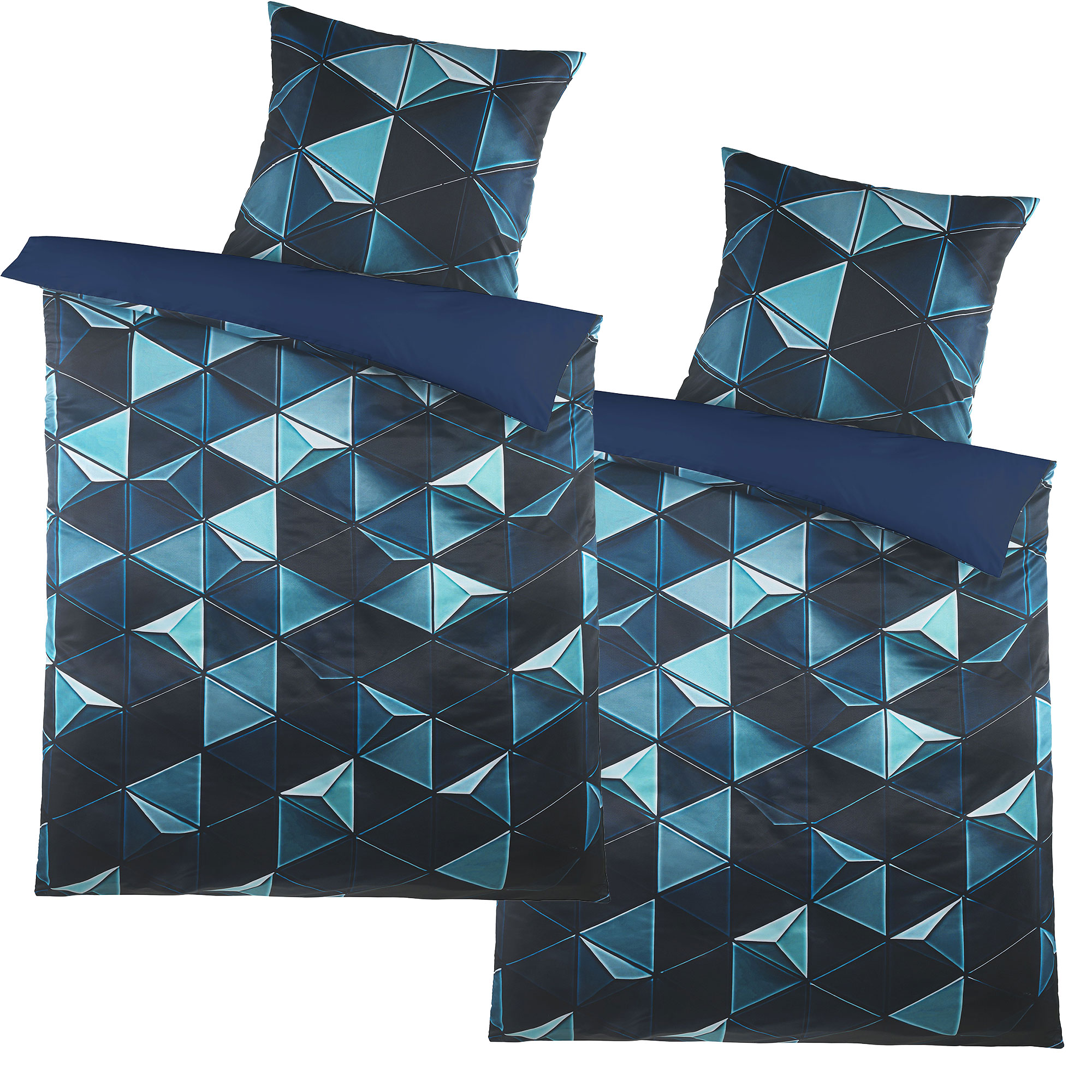 4-tlg. Motiv Wende Bettwäsche, 2x(135x200 +80x80cm), Fotodruck, Dreiecke blau