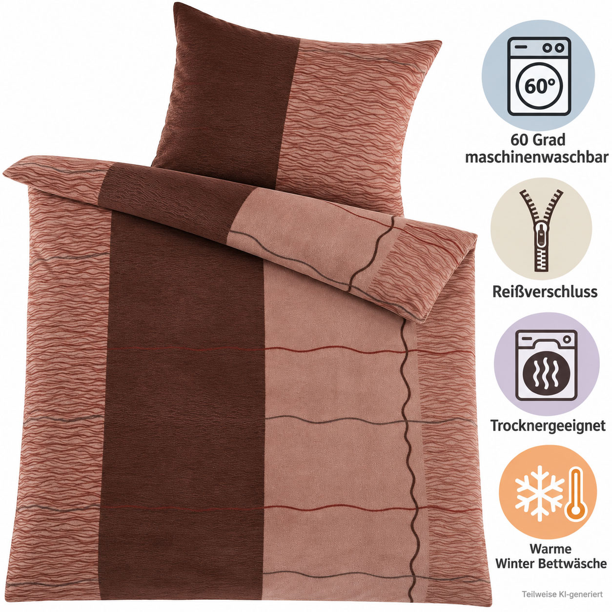 Fleece Winter Bettwäsche, 135x200 +80x80cm, brauntöne, Streifen/Karo