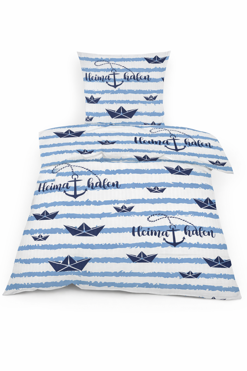 2-tlg. Seersucker Bettwäsche, 135x200 +80x80cm, bügelfrei, Maritim, Heimathafen, Schiffe in blau weiss
