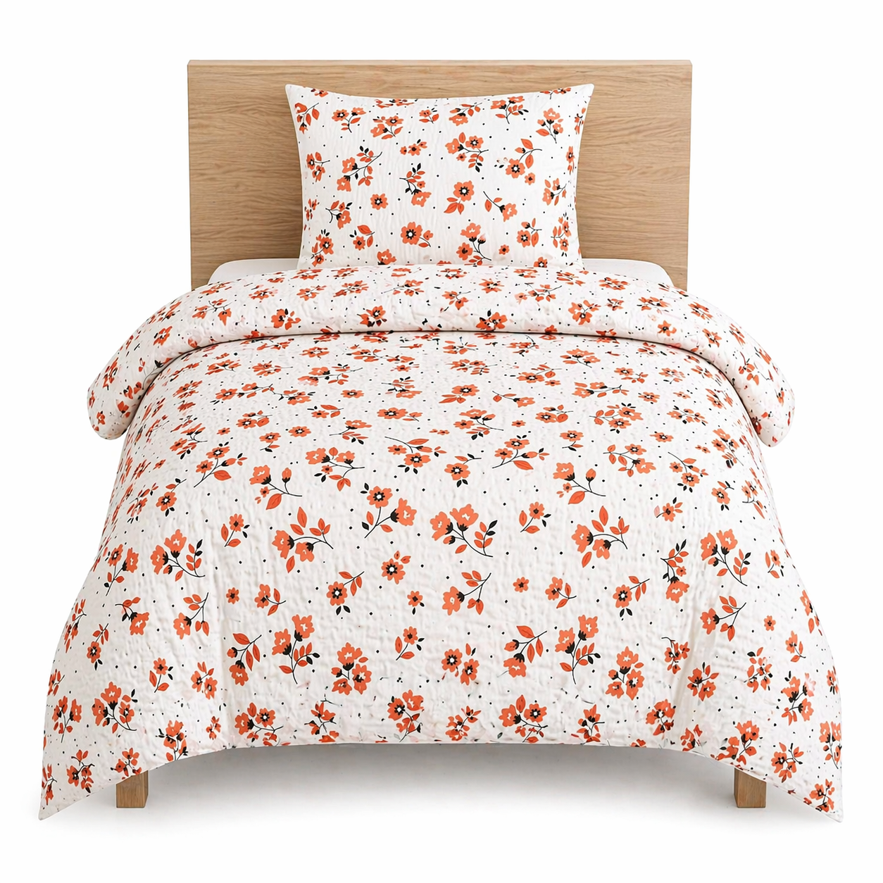 2-tlg. Seersucker Bettwäsche, 135x200 +80x80cm, bügelfrei, weiss mit Blumen in orange, 100% Baumwolle