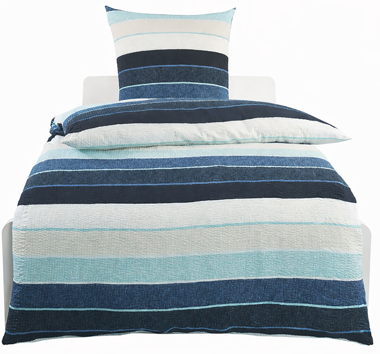 2-tlg. Baumwoll Seersucker Bettwäsche 135x200 +80x80cm, blau türkis, Querstreifen, bügelfrei