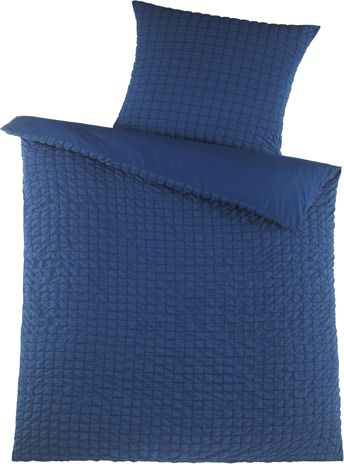 KH-Haushaltshandel 2-TLG. Seersucker Wende Bettwäsche, 135x200 +80x80cm, Uni/einfarbig, DKL.blau, kariert, bügelfrei (W370620)