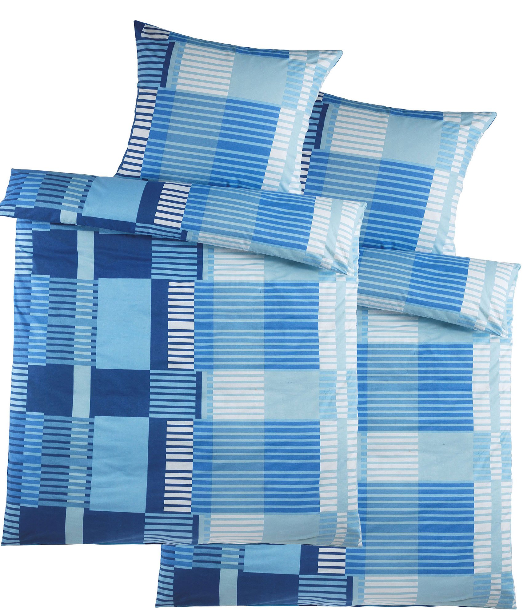 4-tlg. Biber Winter Bettwäsche 2x(135x200 + 80x80cm), blau, kariert, 100% Baumwolle