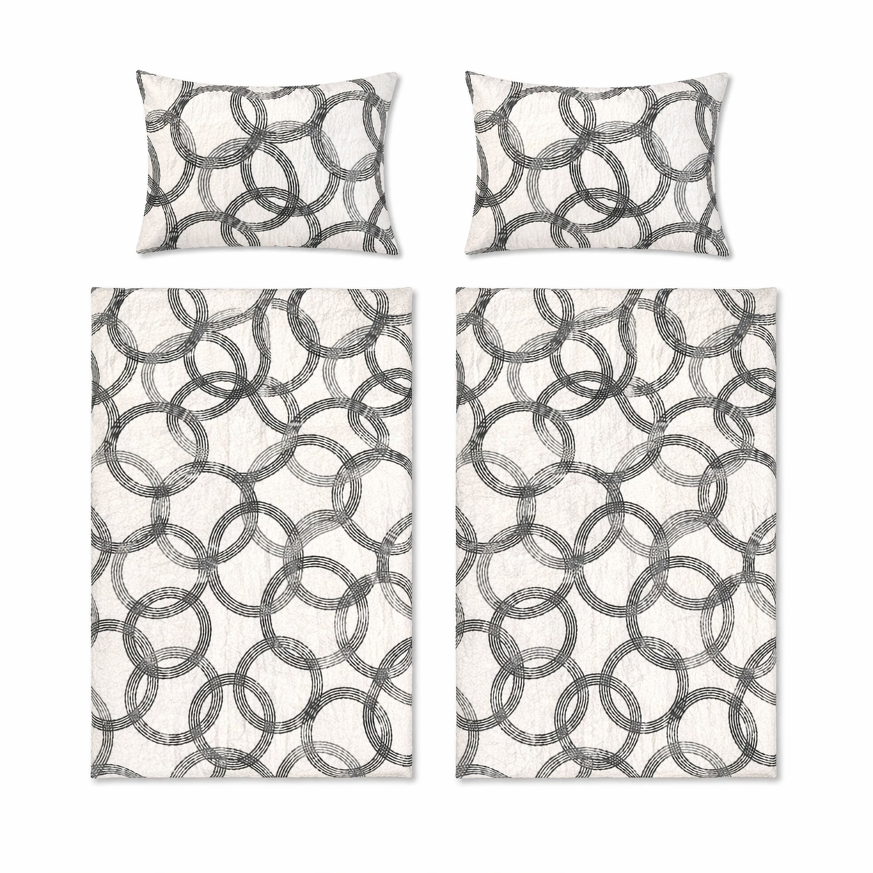 4-tlg. Seersucker Bettwäsche, 2x(135x200 +80x80cm), bügelfrei, weiss mit Kreisen grau/schwarz