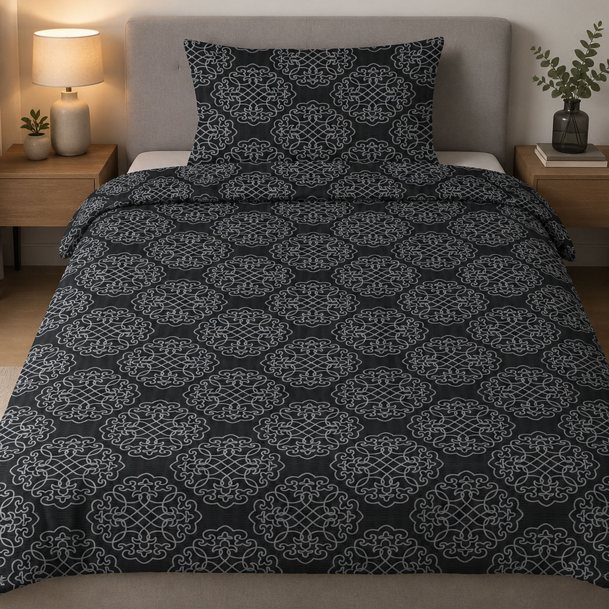 2-tlg. Seersucker Bettwäsche, 135x200 +80x80cm, schwarz/silbergrau, Ornamente, bügelfrei