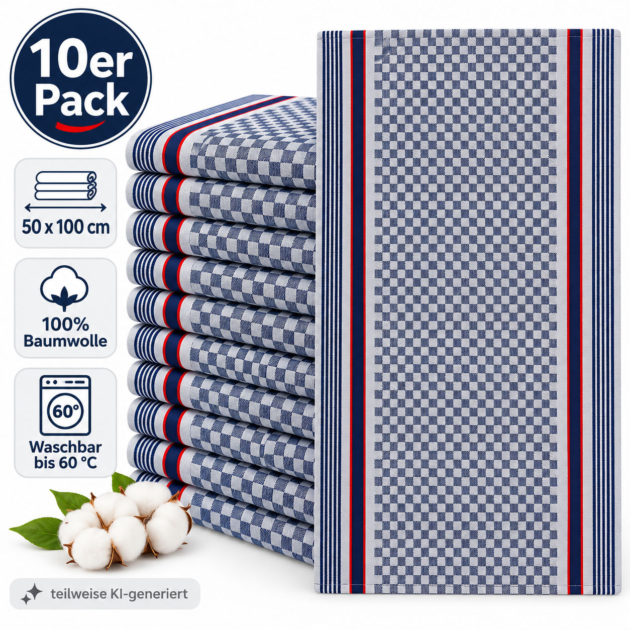 10x Geschirrtuch 50x100 cm blau Baumwolle, Grubentuch Allzwecktuch Gastro