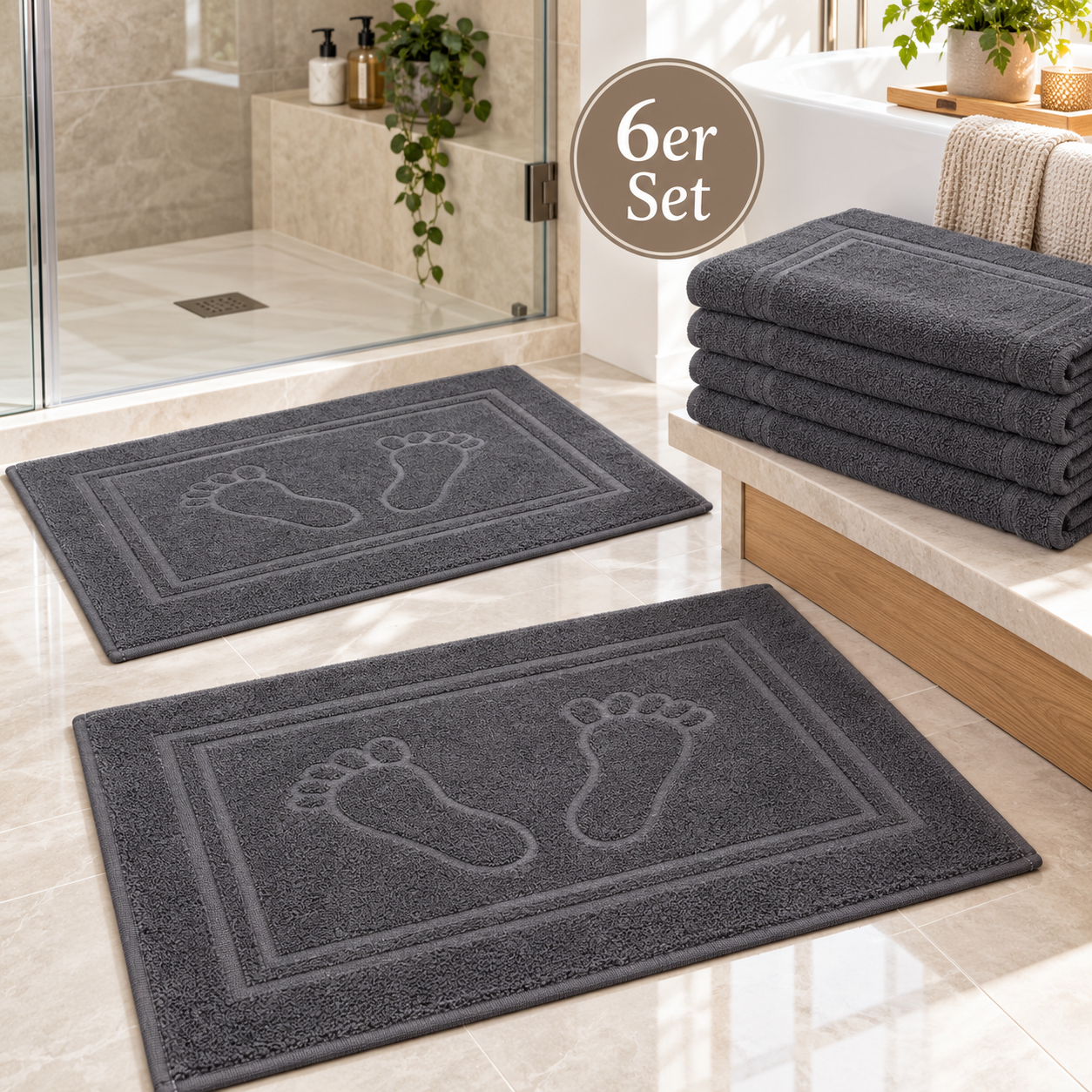 Duschvorleger 6er-Set 100 % Baumwolle, grau – 50 × 70 cm mit Fußmotiv