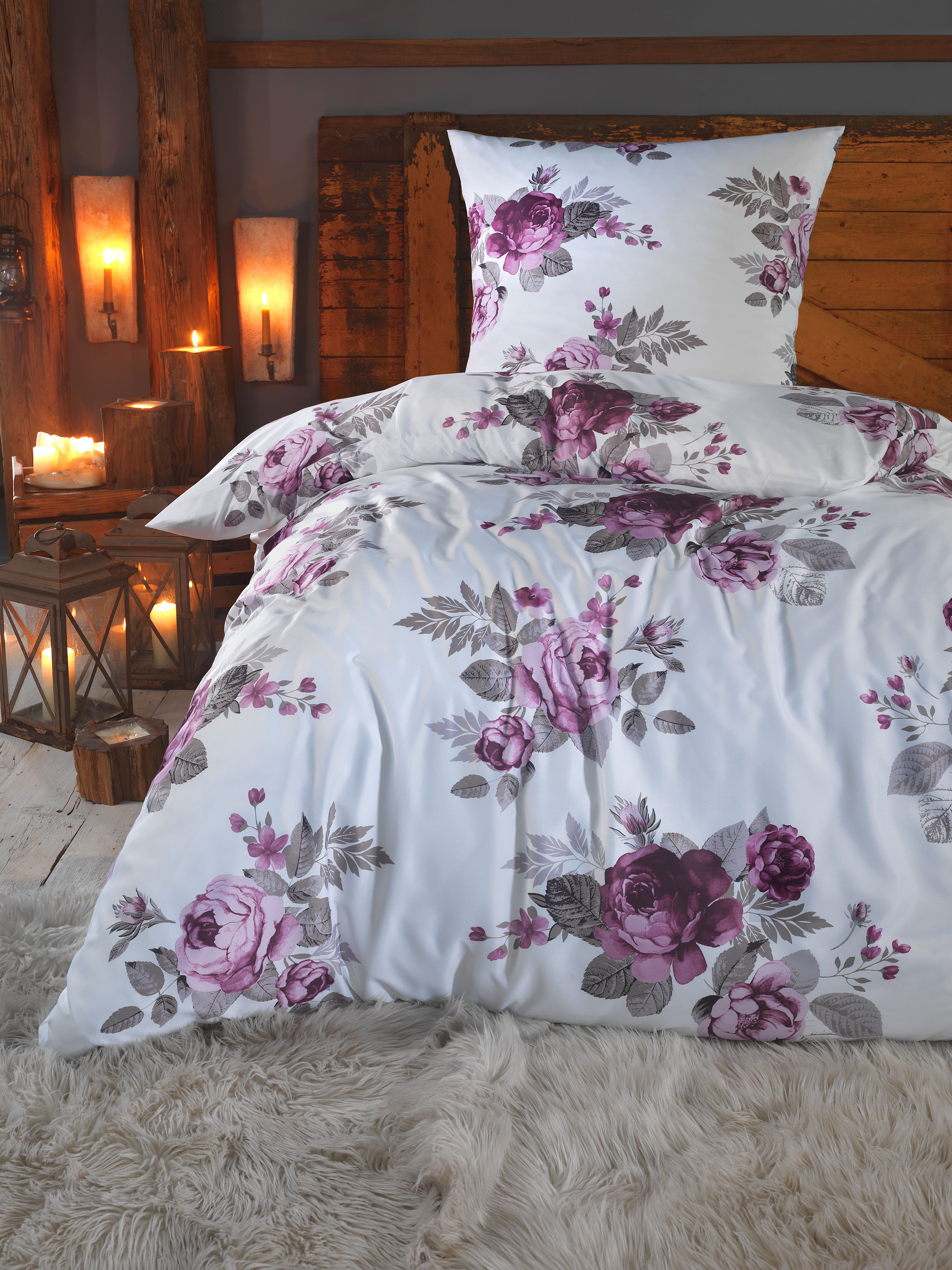 Biber Winter Bettwäsche 135x200+ 80x80cm, weiss mit Rosen, 100% Baumwolle