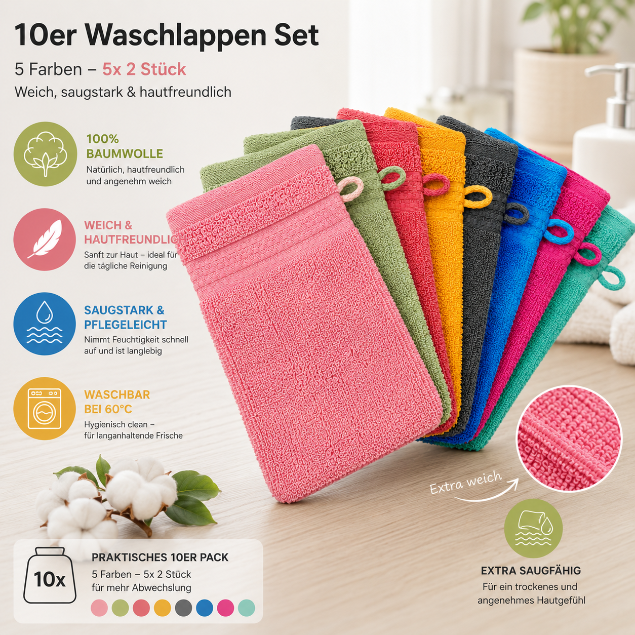 Waschhandschuh Frottee, 10 Stück (5x2versch.Farben), ca. 16x21cm uni Frottier Baumwolle
