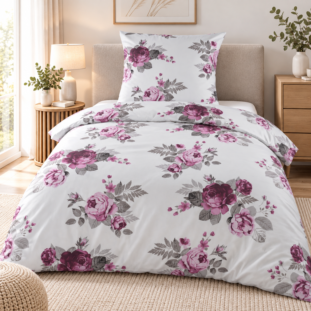 Biber Winter Bettwäsche 135x200+ 80x80cm, weiss mit Rosen, 100% Baumwolle
