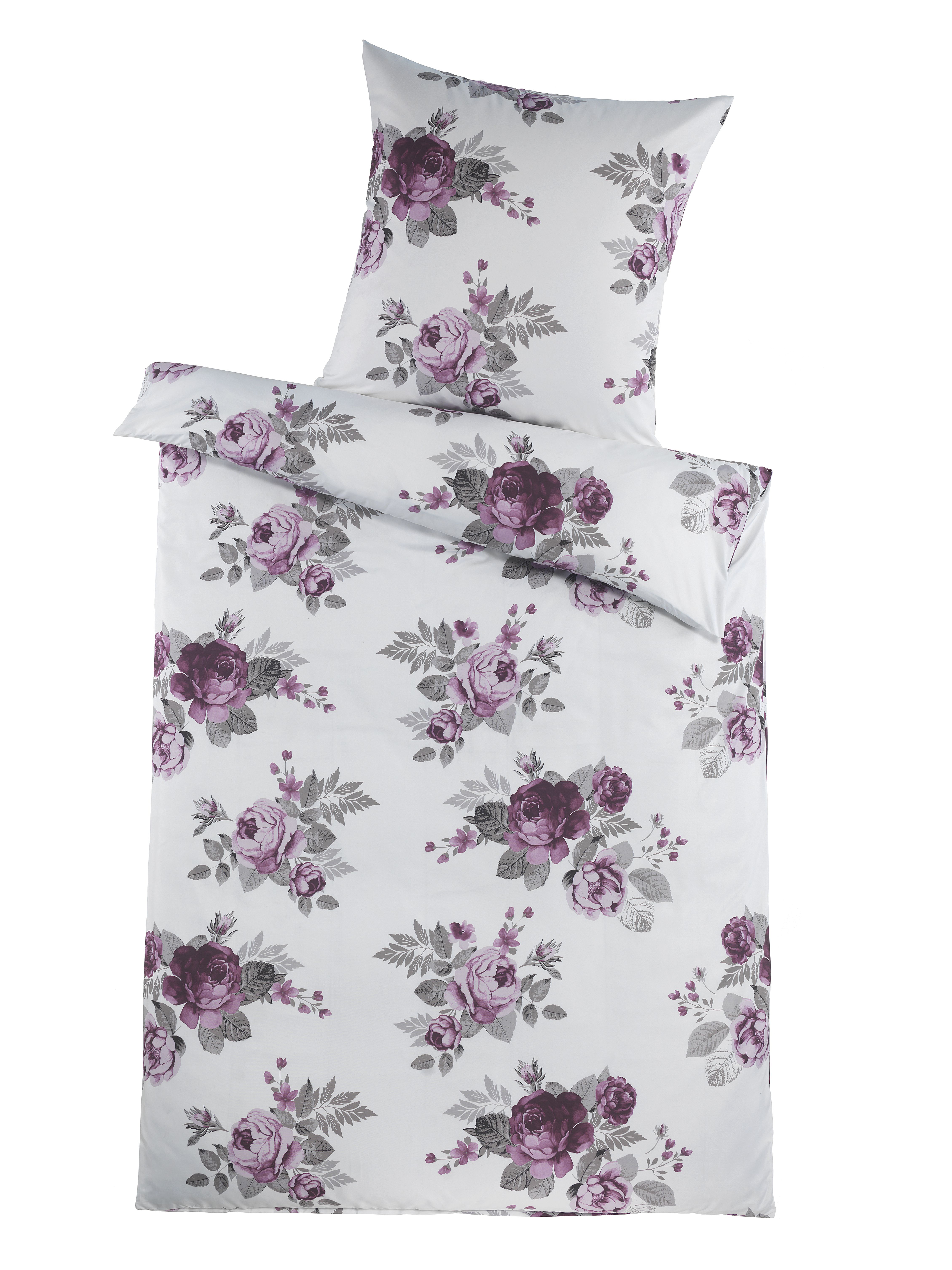 Biber Winter Bettwäsche 135x200+ 80x80cm, weiss mit Rosen, 100% Baumwolle