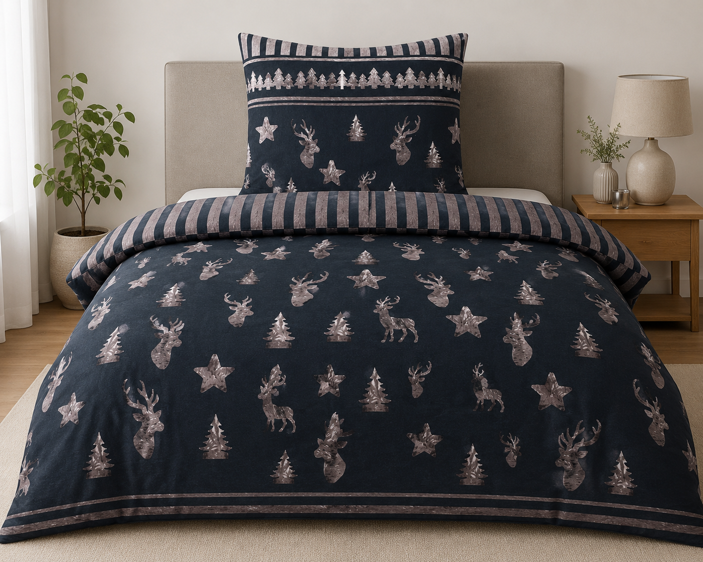 4-tlg. Biber Winter Bettwäsche 2x(135x200+ 80x80cm), grau Hirsch/Sterne, Wende, 100% Baumwolle