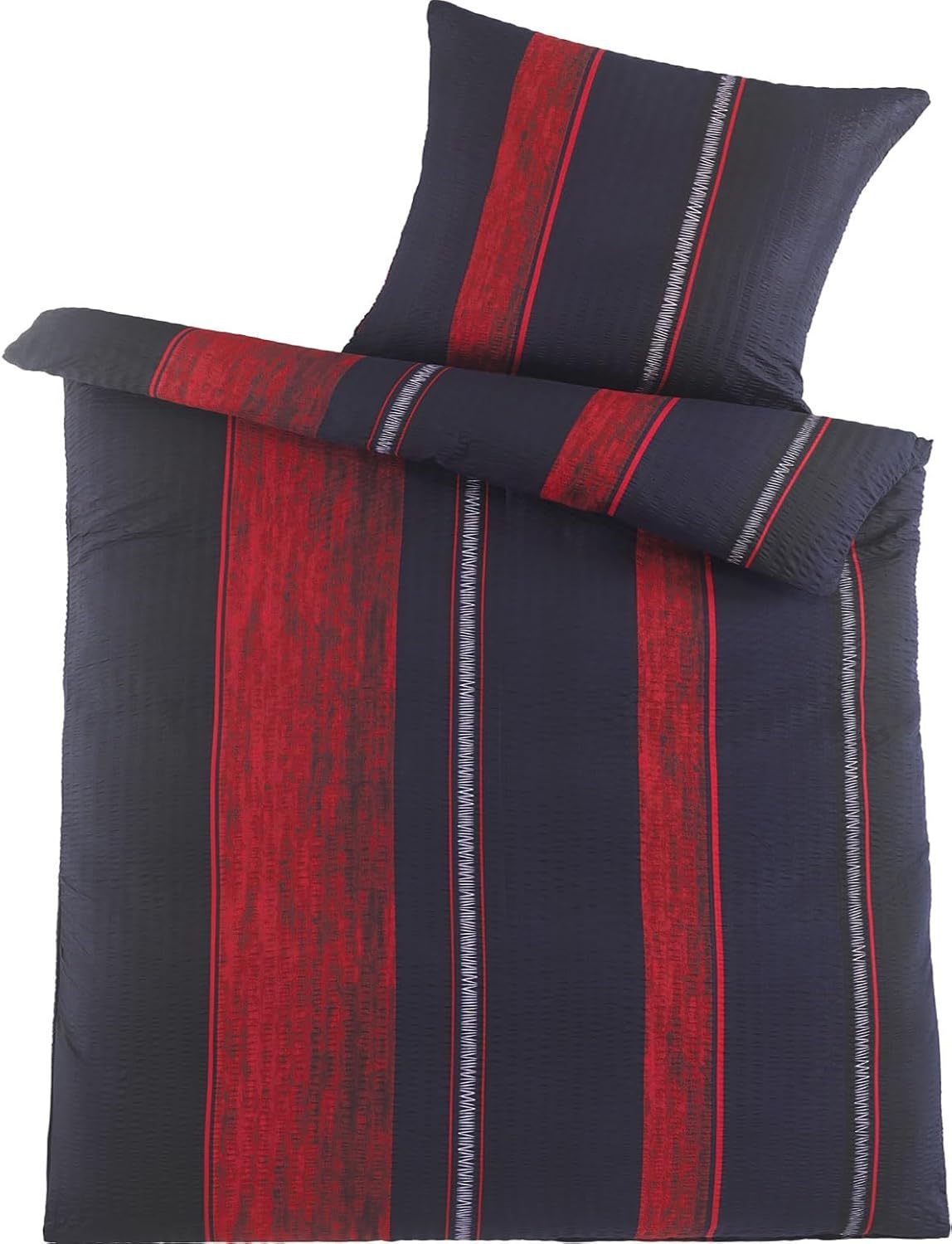 KH-Haushaltshandel 4-Piece Seersucker Bed Linen 2x 135 x 200 cm + 80 x 80 cm Red Black Striped Non-Iron (W415500)
