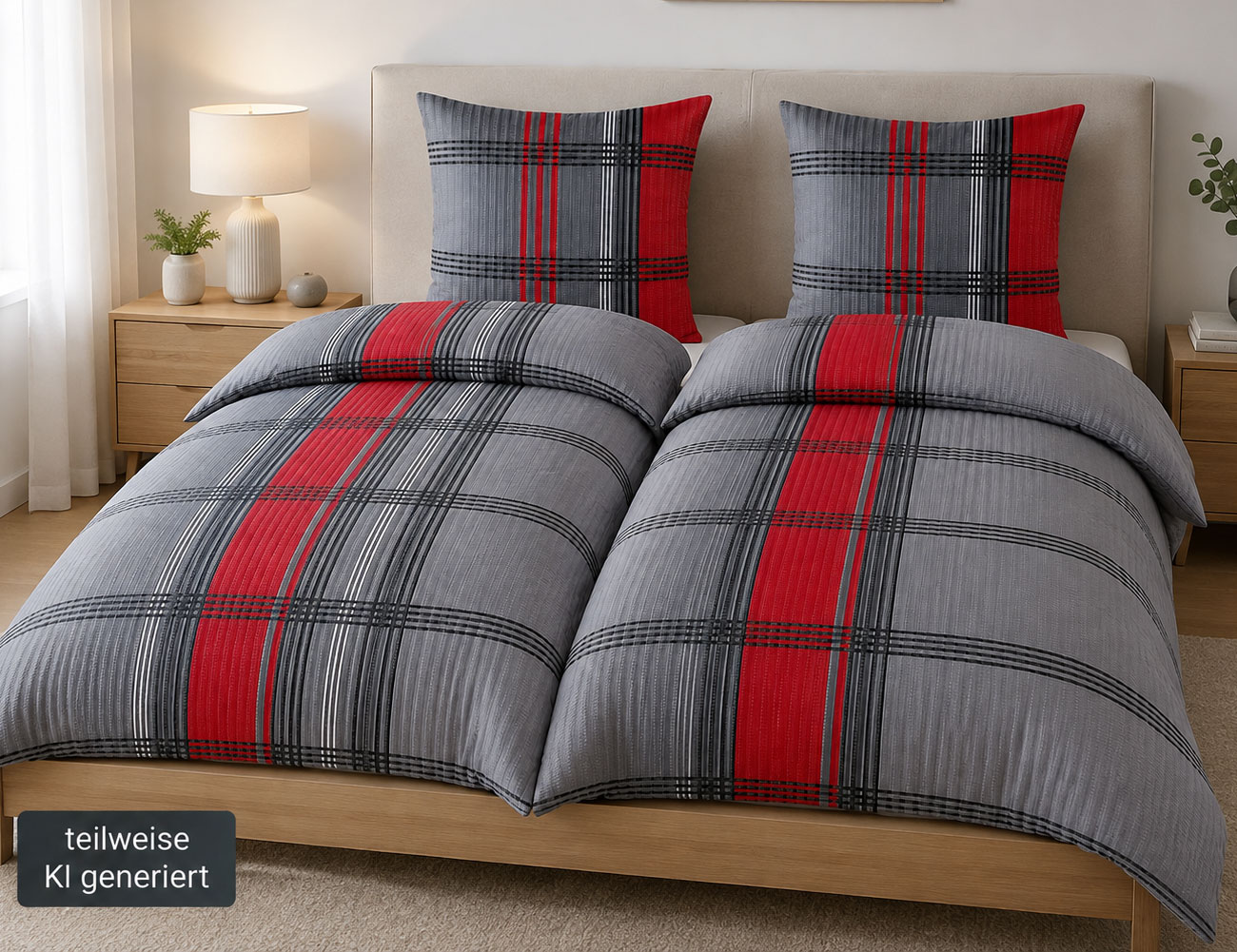 Seersucker Bettwäsche, 2x(135x200 +80x80cm), rot grau Karo, bügelfrei