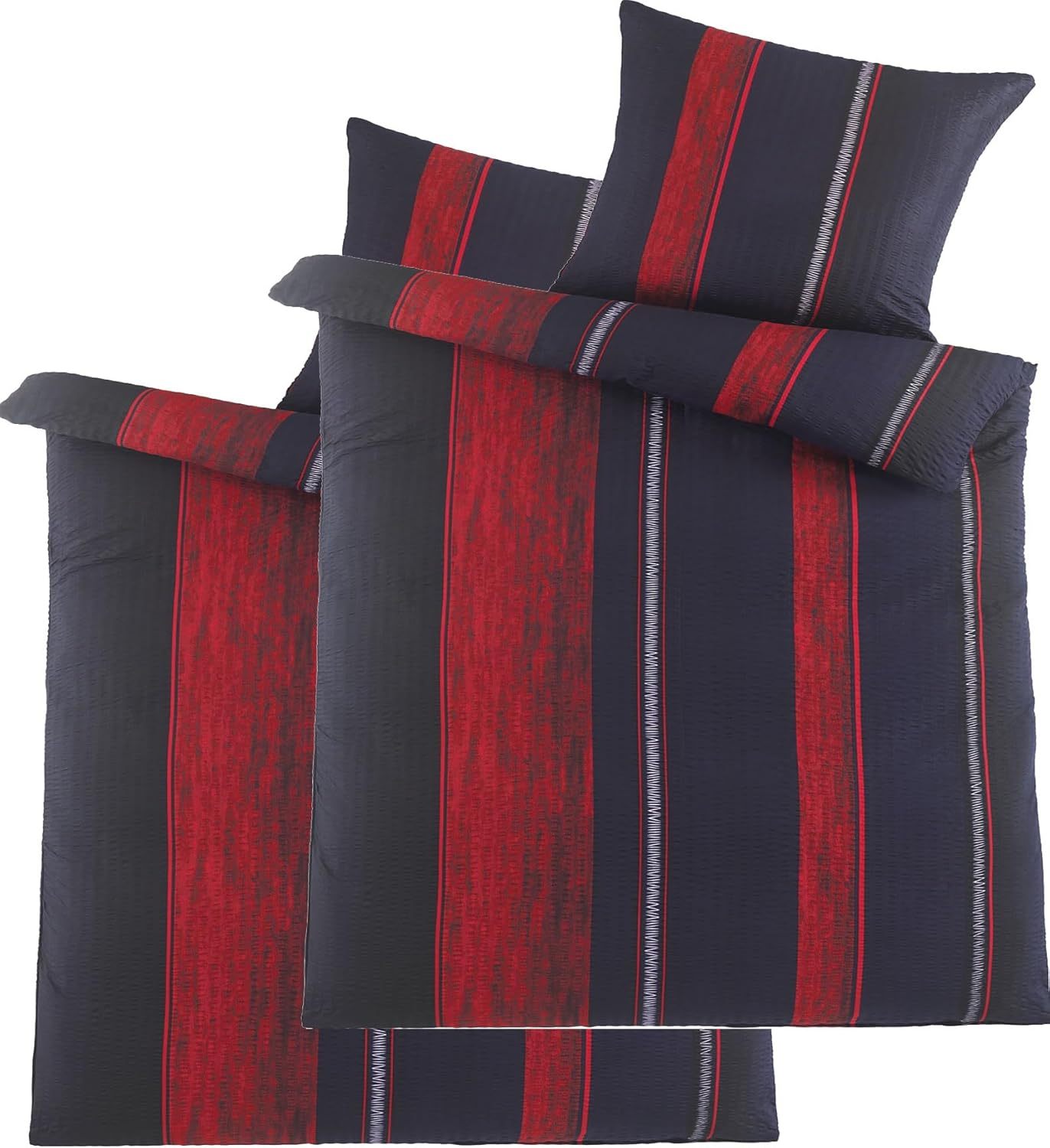 KH-Haushaltshandel 4-Piece Seersucker Bed Linen 2x 135 x 200 cm + 80 x 80 cm Red Black Striped Non-Iron (W415500)