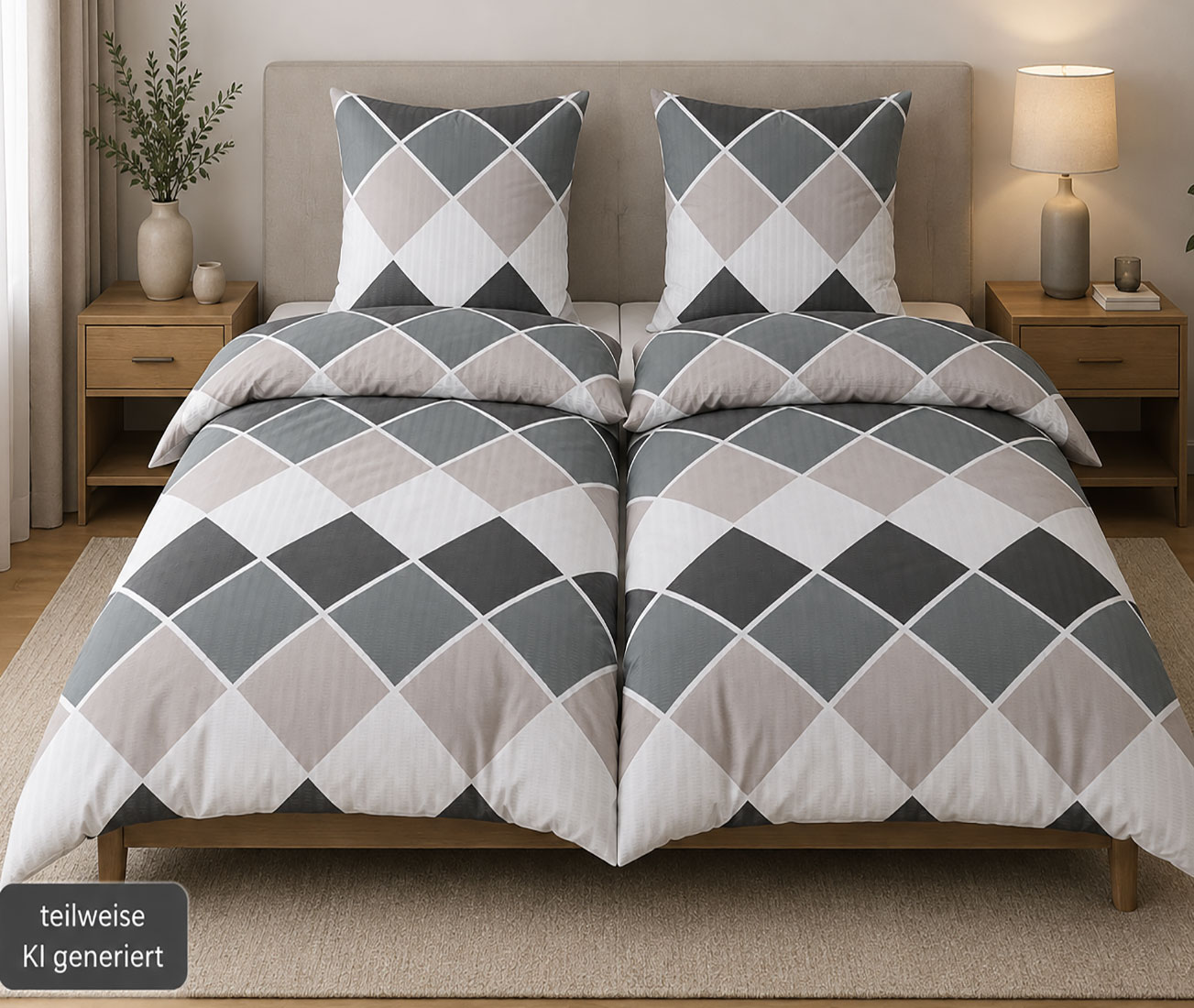 Seersucker Bettwäsche, 2x(135x200 +80x80cm), schwarz beige weiß grau Karo, bügelfrei