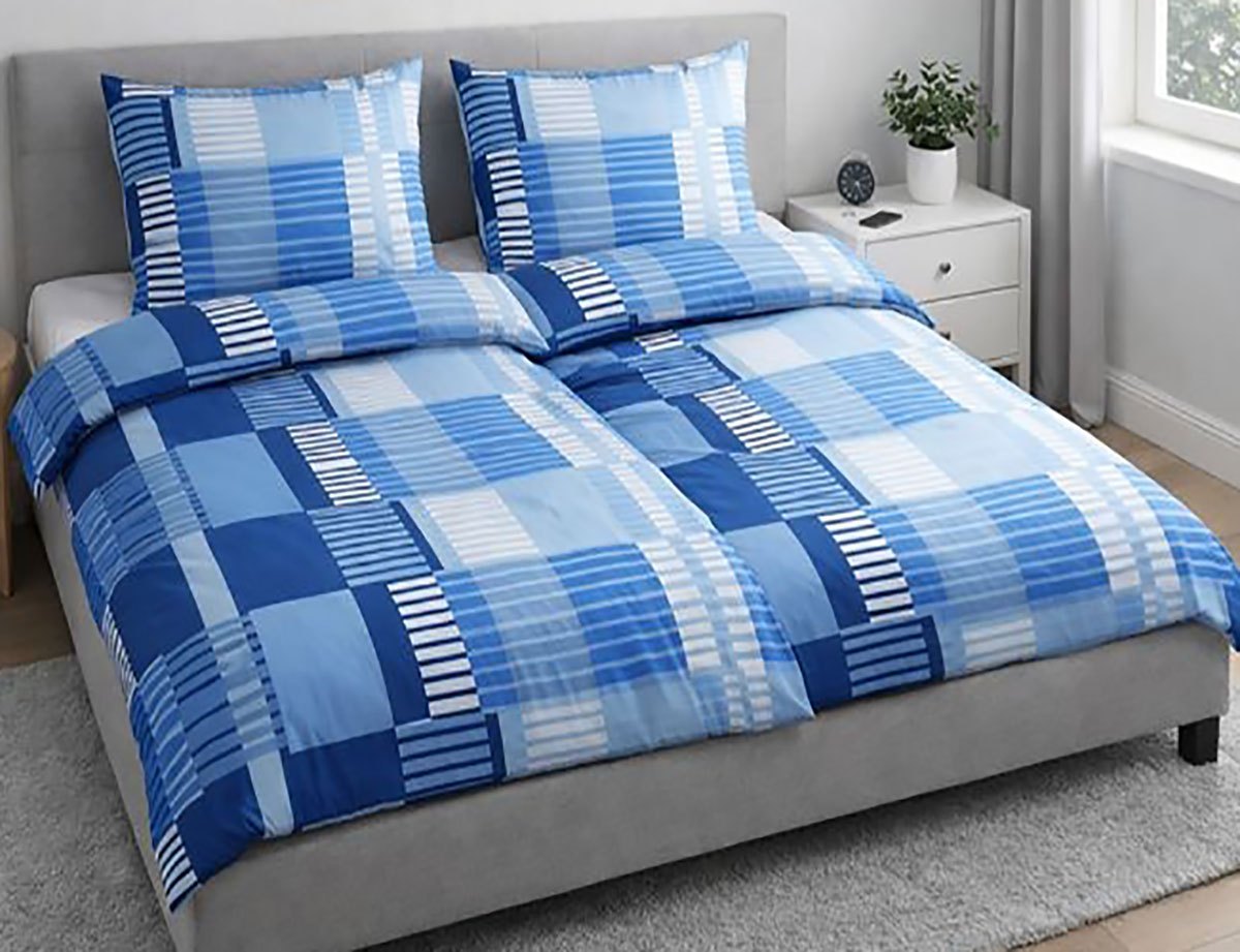 4-tlg. Biber Winter Bettwäsche 2x(135x200 + 80x80cm), blau, kariert, 100% Baumwolle