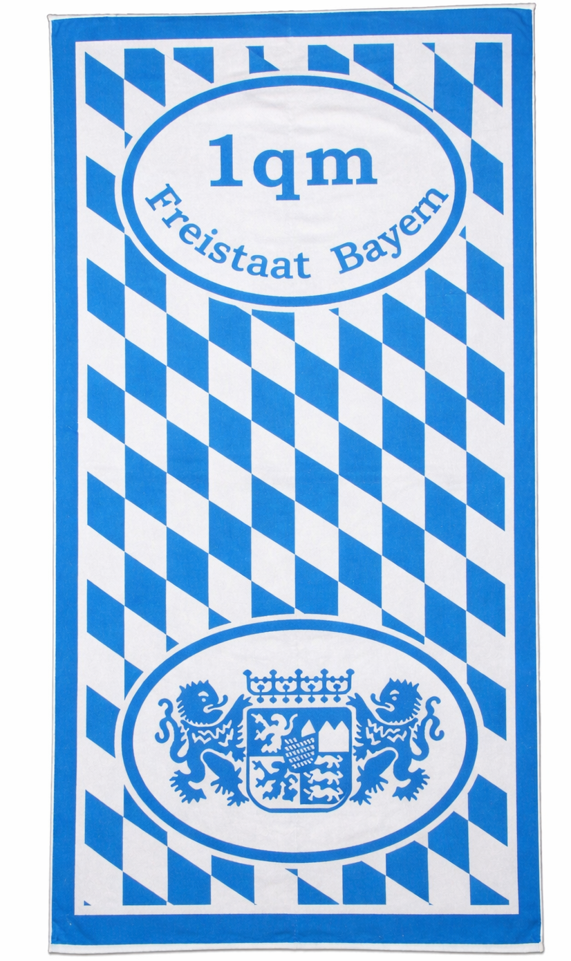 Frottier Duschtuch, Motiv: 1qm Freistaat Bayern, 70 x 150cm, mit Wappen und Rauten, blau weiss, Frottier