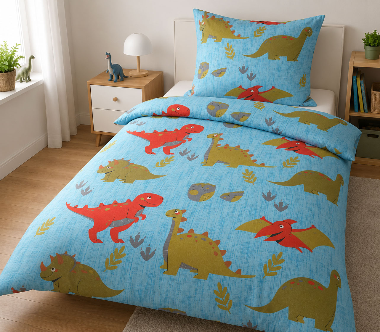 Biber Motiv Winter Bettwäsche 135x200+ 80x80cm, Dinosaurier, blau, Baumwollmischgewebe