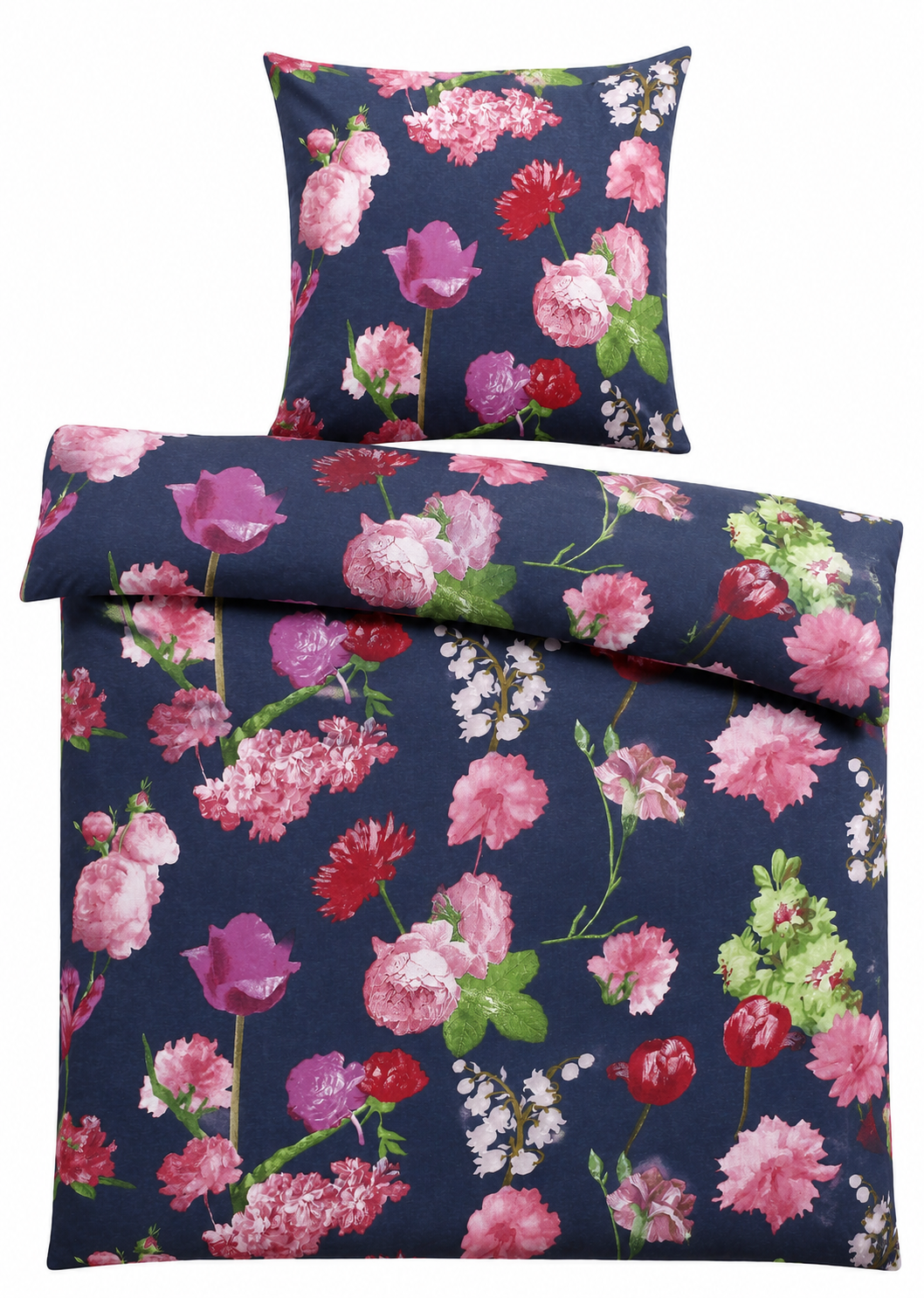 Biber Winter Bettwäsche 135x200+ 80x80cm, blau Blumen bunt, 100% Baumwolle