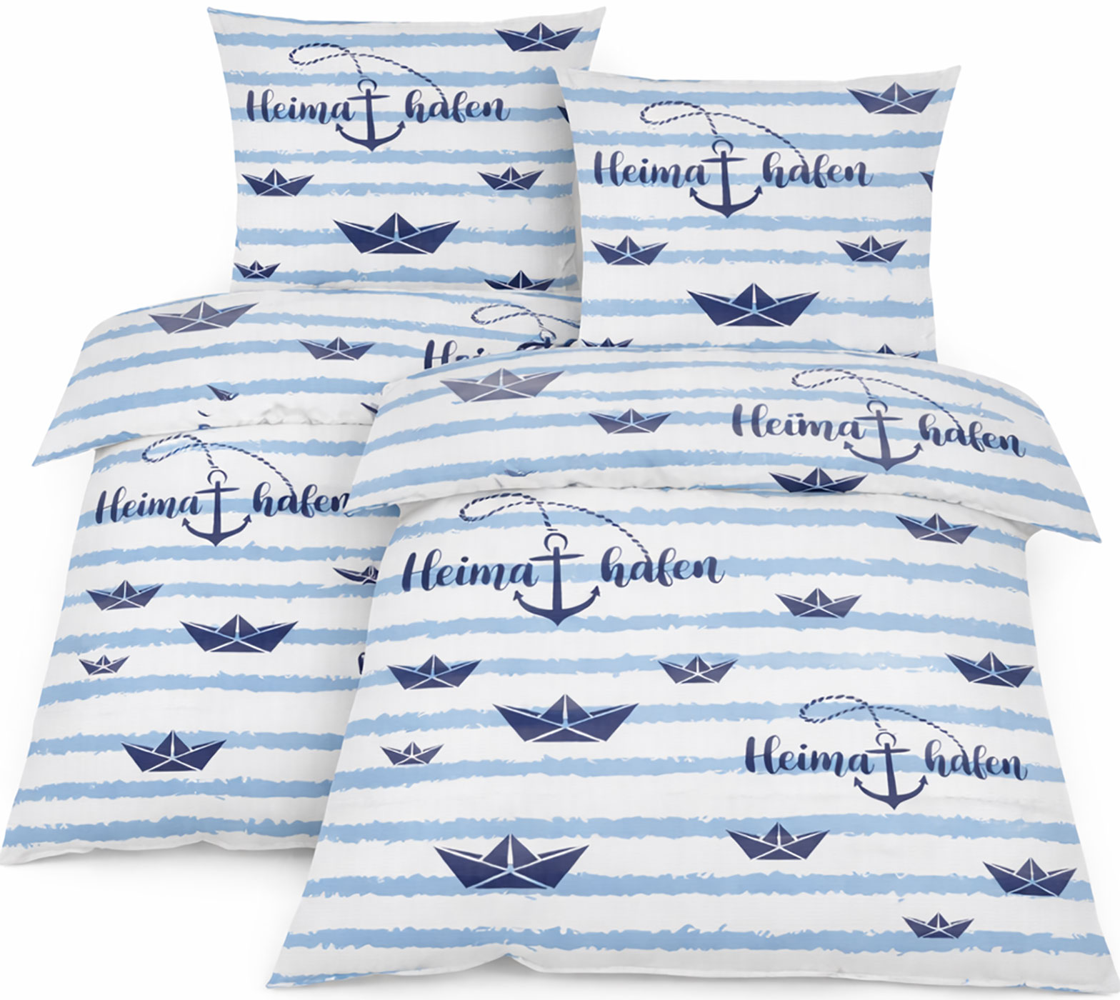 4-tlg. Seersucker Bettwäsche, 2x(135x200 +80x80cm), bügelfrei, Maritim, Heimathafen, Schiffe in blau weiss