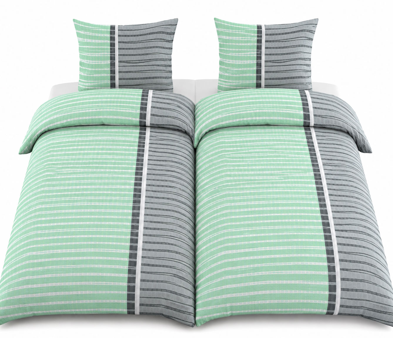 4-tlg. Seersucker Bettwäsche, 2x(135x200 +80x80cm), mintgrün grau, quergestreift, bügelfrei
