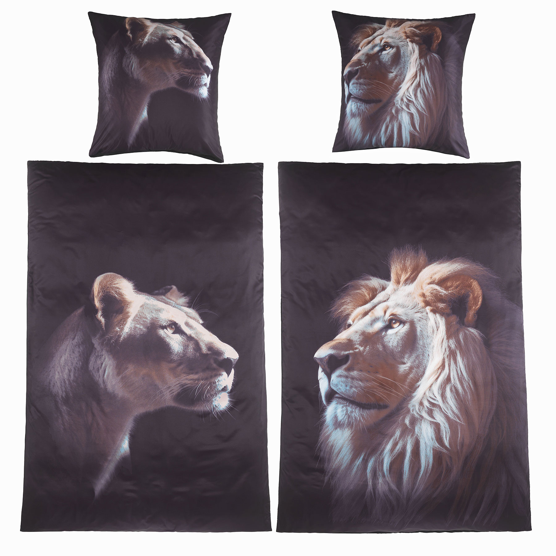 4-tlg. Motiv Bettwäsche, 2x(135x200 +80x80cm), Fotodruck, Löwe+Löwin