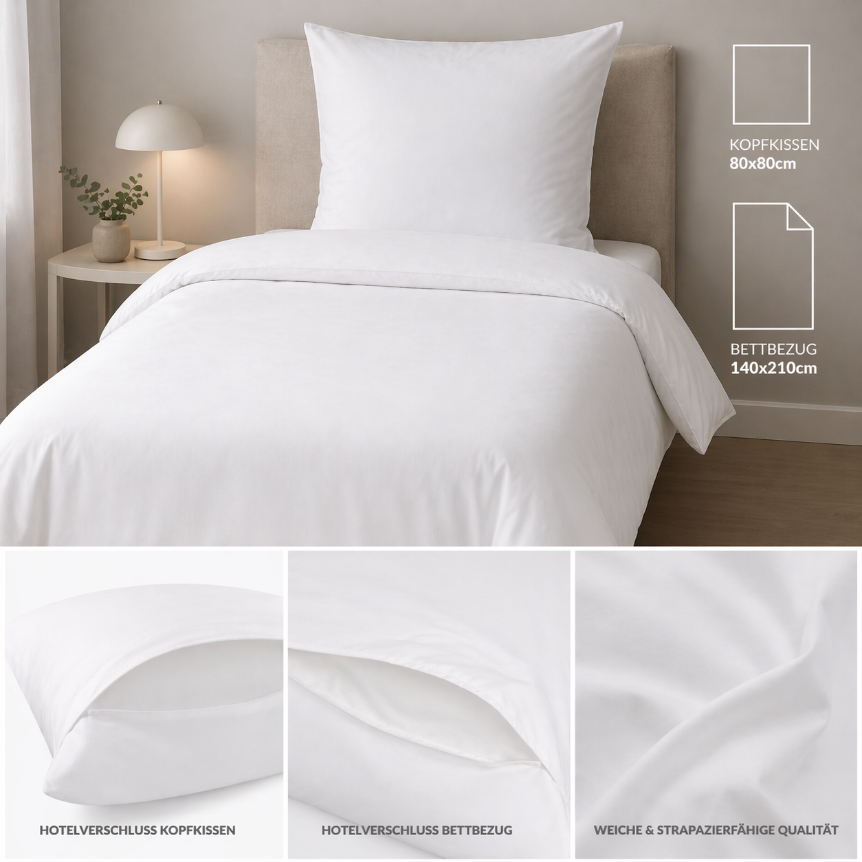 2tlg. kochfeste Baumwoll Bettwäsche, 140x210 +80x80cm Hotel Verschluss, weiß, 95 Grad Wäsche