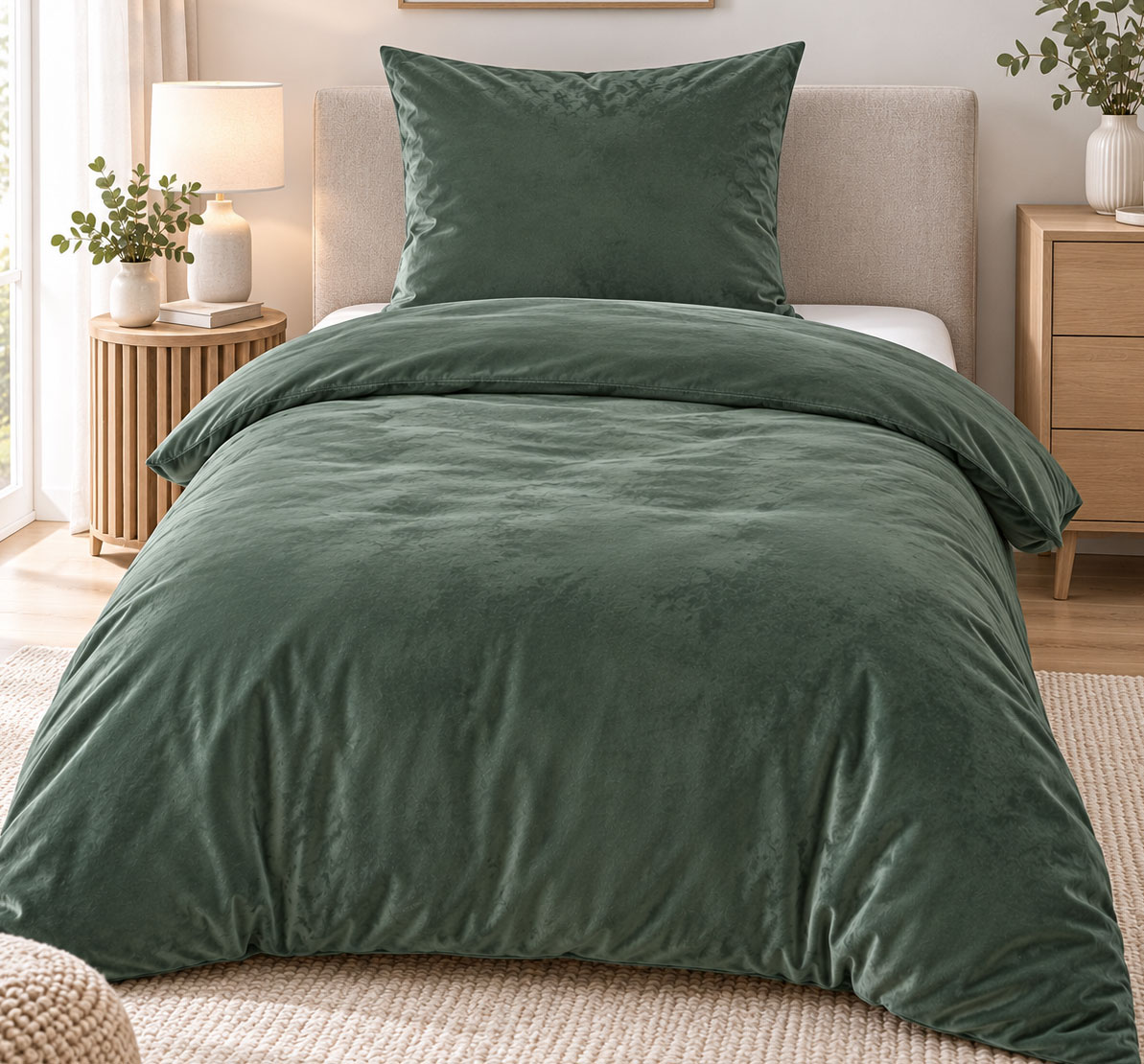 Winter Wende Bettwäsche Niki, Samt, 135x200+80x80cm uni grün, bügelfrei