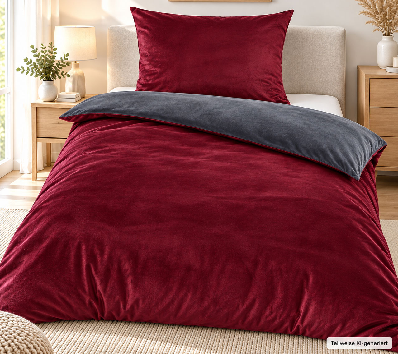 Winter Wende Bettwäsche CashmereLike, 135x200+80x80cm, grau bordeaux, Plüsch Teddy Flausch