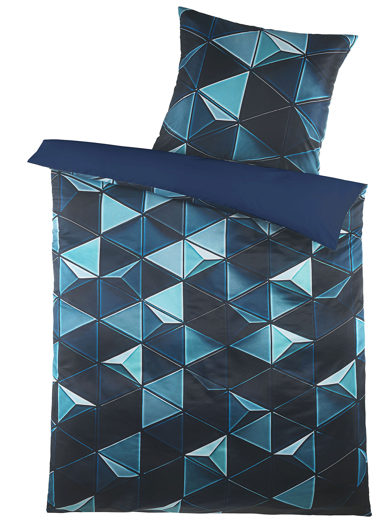 4-tlg. Motiv Wende Bettwäsche, 2x(135x200 +80x80cm), Fotodruck, Dreiecke blau